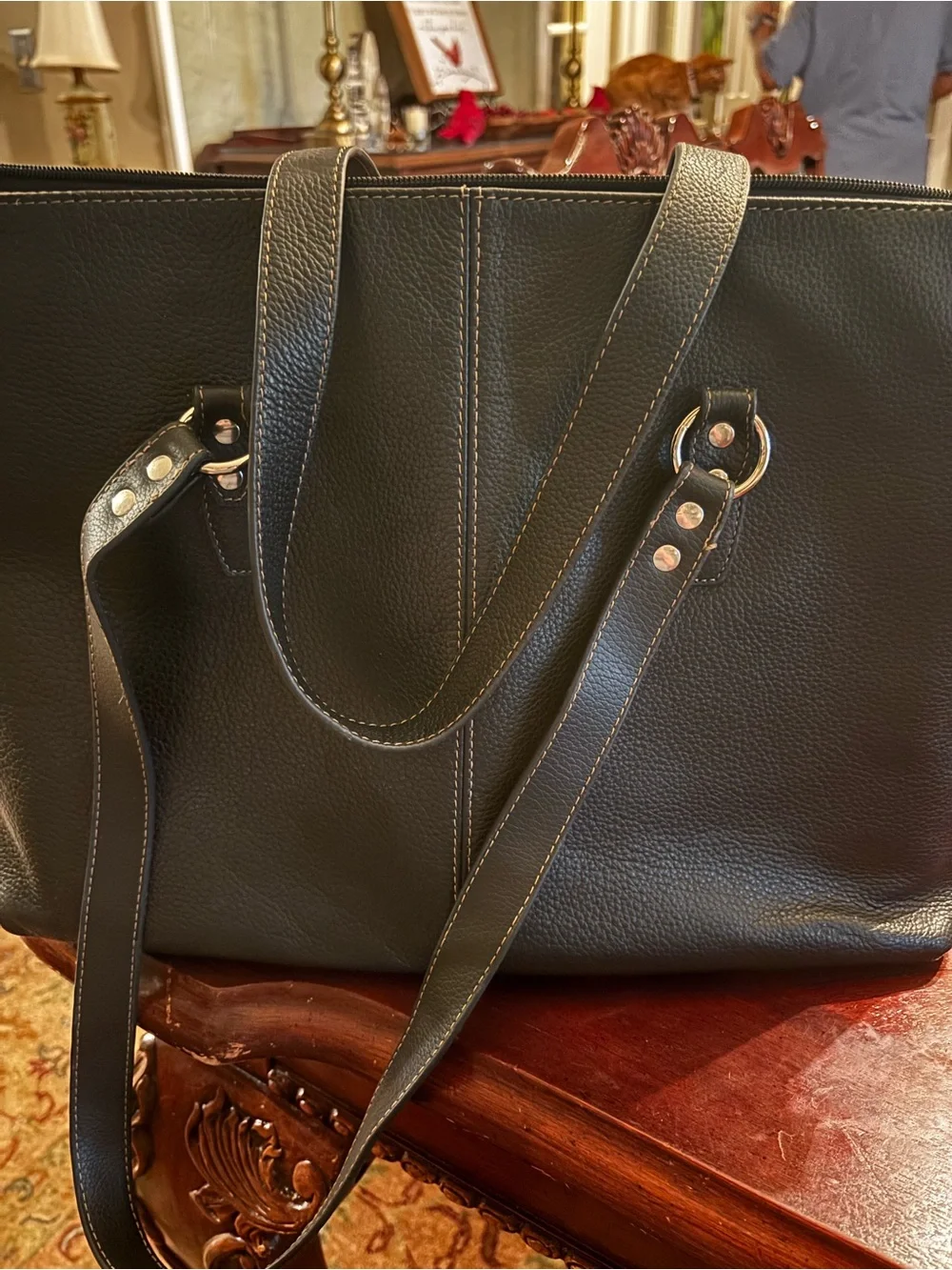 Samsonite Business Tote Dark Brown Leather Tote with Contrast Stitching